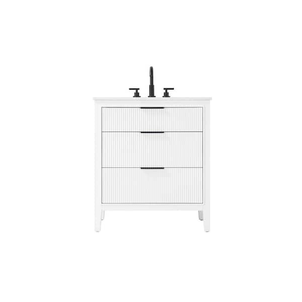 30 in. Single Sink Freestanding White Bath Vanity with Marble White Engineered Marble Top