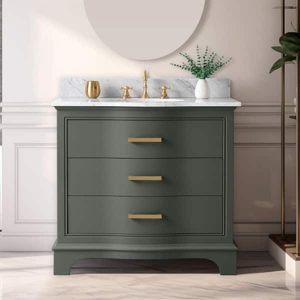 Monroe 36 in. W x 22 in. D Bath Vanity in Vintage Green with Natural Marble Vanity Top in Carrara White with White Sink