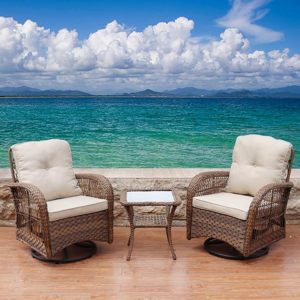 Maypex Light Brown 3 Piece Swivel Wicker Patio Conversation Set With Beige Cushions 300302 Lbr The Home Depot Maypex Light Brown 3 Piece Swivel, 3 Piece Wicker Patio Conversation Set With Beige Cushions