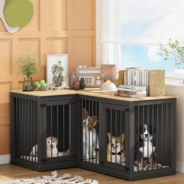 Large Dog Crate Furniture for 2 Dogs, Wooden Double Dog Kennel Corner Dog Bed Cage with Dividers for Medium Dog, Black