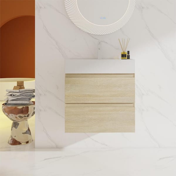 UPIKER Modern 23.6 in. W x 18.1 in. D x 24.4 in. H Floating Bath Vanity Cabinet in Light Oak with White Resin Top