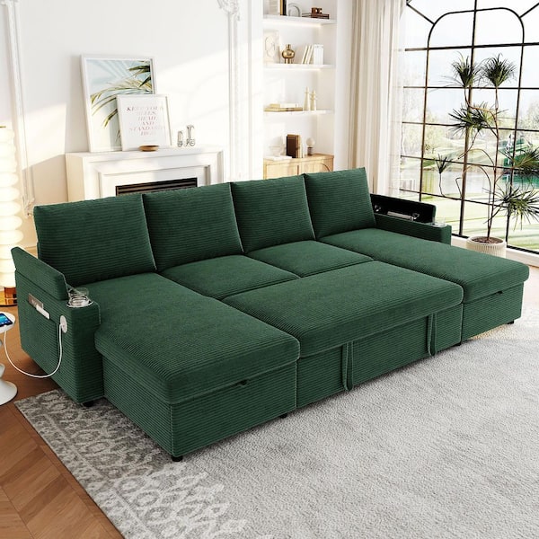 109.5 in. Corduroy U Shaped Sectional Sofa in. Green with Storage Chaise Lounges, Convertible Sofa Bed with USB Ports