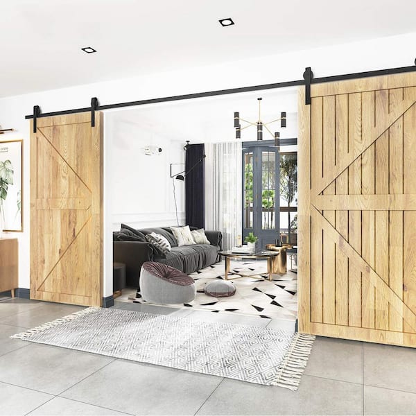 9 ft./108 in. Black Steel Sliding Barn Door Track and Hardware Kit for Double Doors with Floor Guide
