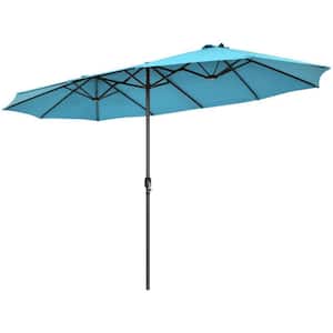 15 ft. Patio Double-Sided Market Patio Umbrella in Turquoise with Hand-Crank System without Weighted Base
