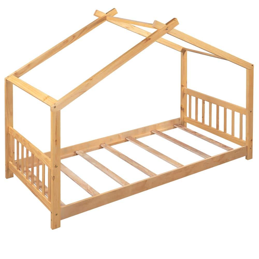 Natural Pine Wood Twin Size House Platform Bed with Headboard, Footboard & Roof Design durable construction price history on PriceWatchPro