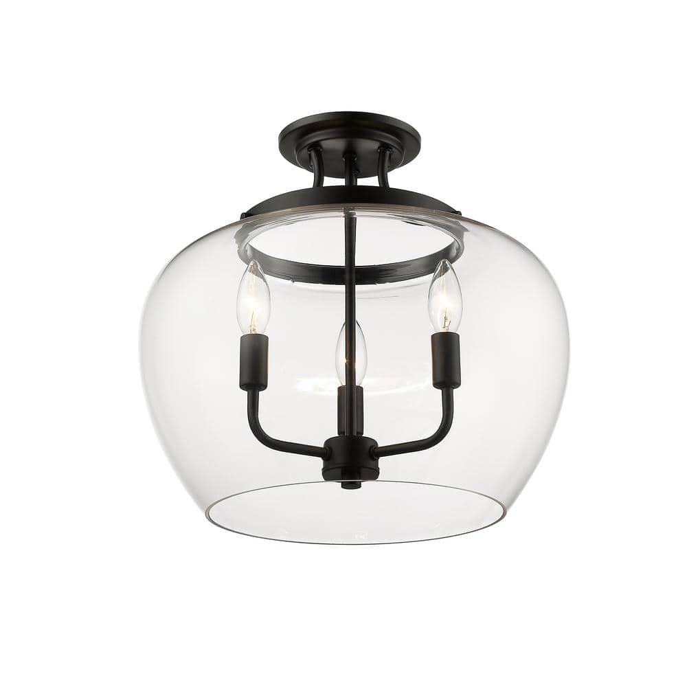 Matte Black Glass 3-Light Semi-Flush Mount Ceiling Fixture