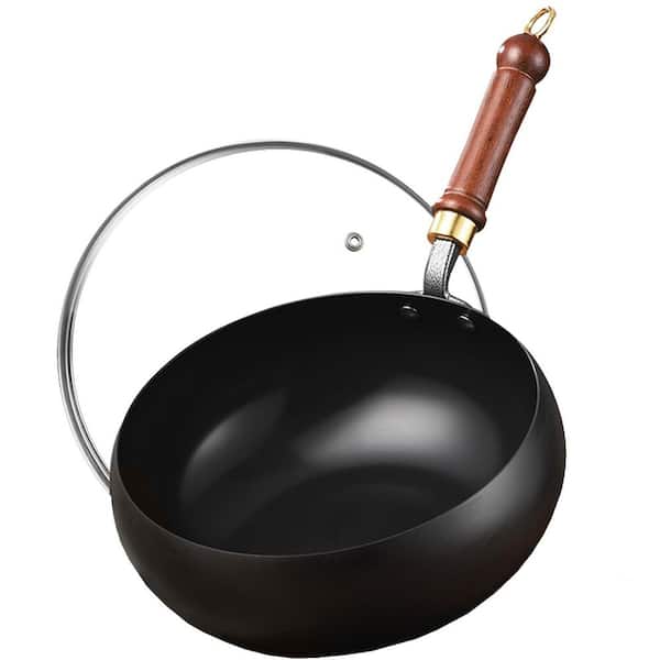 Small 8.7 in. Black Carbon Steel Induction Wok, Nonstick Pre-Seasoned Woks and Stir-Fry Pans with Lid, All Stoves