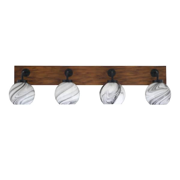 Unbranded Kirby 36.5 in. 4 Light Black and Painted Wood-look Vanity Light with 5.75 in. Onyx Swirl Glass Shades No Bulbs Included