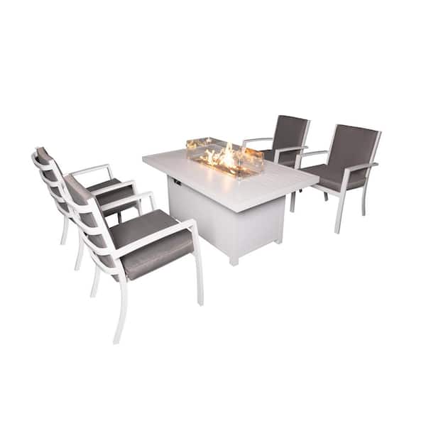 PATIOPTION Patio Dining Set, 5-Piece Aluminum Outdoor Dining Set with Gray Cushion and White Fire Pit Table - 4 Armchair