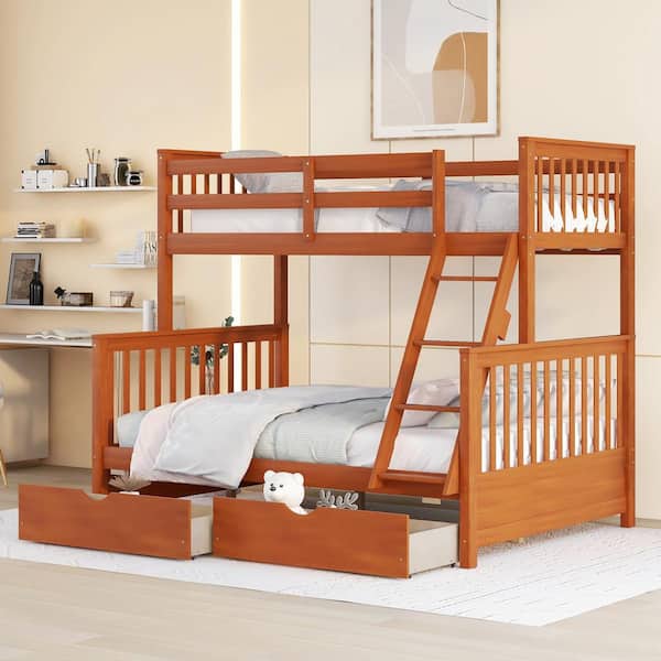 Qualler Walnut Twin Over Full Bunk Bed with Ladder and 2-Storage-Drawers