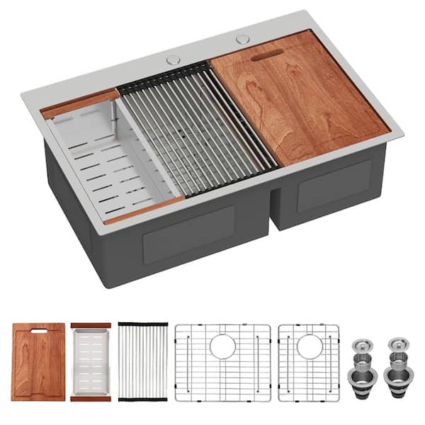 36 in. Drop-In 60/40 Double Bowl 16 Gauge Stainless Steel Kitchen Sink with Bottom Grids