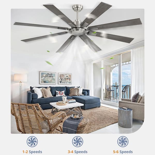 Indoor/Covered Outdoor Use 65 in. Brushed Nickel Downrod Mount 8 Blades Ceiling Fan with Remote, 6-Speed Adjustable