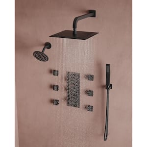 Thermostatic 8-Spray Patterns 12&6 in. Square Wall Mount Dual Shower System Set 2.5 GPM in Matte Black