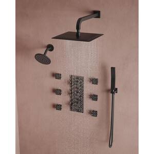 Thermostatic 8-Spray Patterns 12&6 in. Square Wall Mount Dual Shower System Set 2.5 GPM in Matte Black