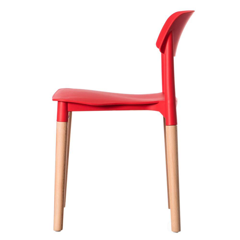 Modern Red Plastic Side Chair with Beech Wood Legs