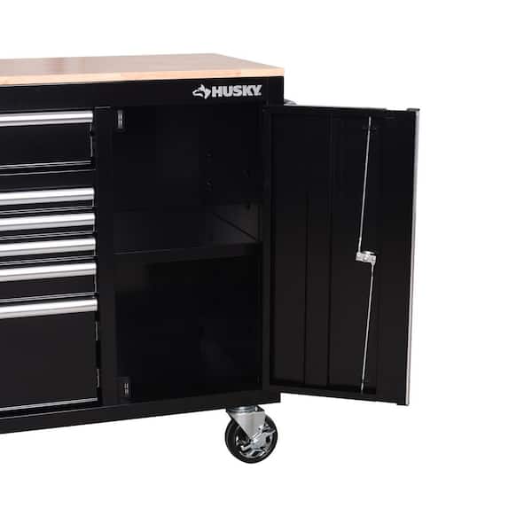 Husky - Standard Duty 72 in. W x 20 in. D 10-Drawer Black Mobile Workbench Cabinet with Solid Wood Top