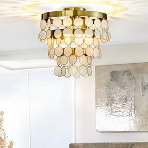 3-Light 13.8 in. Round Coastal Capiz Tiered Flush Mount Ceiling Light With Antique Gold Metal And Natural Seashell
