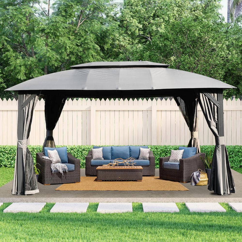 10 ft. x 14 ft. Dark Gray Steel Frame Outdoor Patio Double Canopy Gazebo with Gray Curtains and Mosquito Net price history on PriceWatchPro