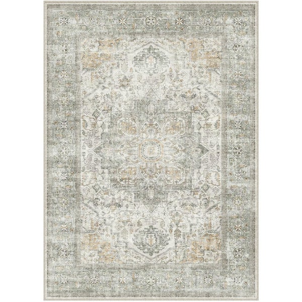 Kaponi Green Brown 9 ft. x 12 ft. Vintage Washable Medallion Distressed Area Rug