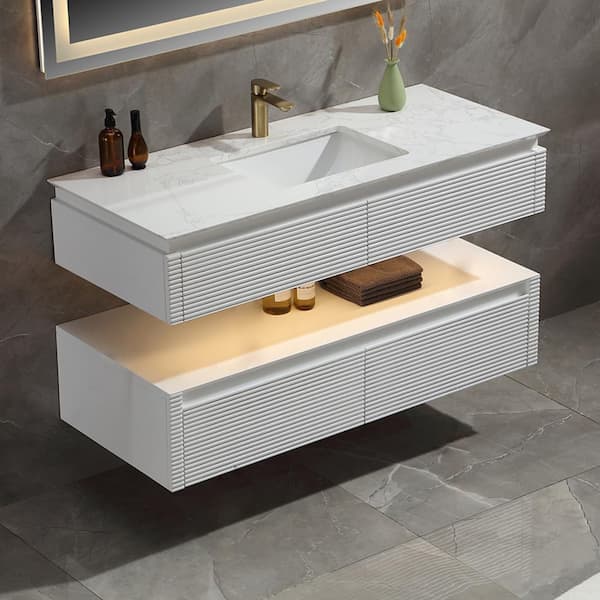 Lonni 48 in. W X 20.7 in. D X 19.6 in. H Floating Single Sink Solid Wood Bath Vanity in White with White Marble Top and Lights