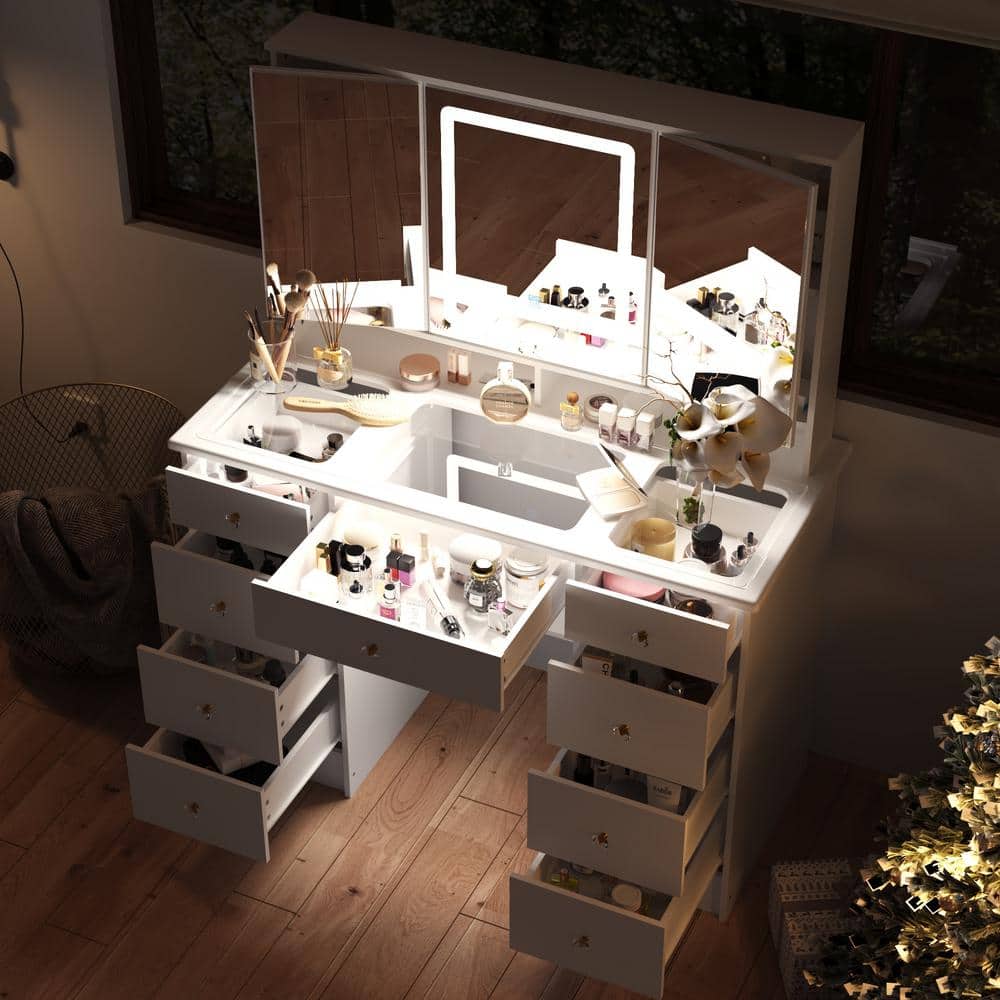 White Makeup Vanity Desk 9 Drawers Wood Dressing Table With 3 Mirrors, Glass Top, Hidden Storage Shelves, LED Lighted - thumbnail 7