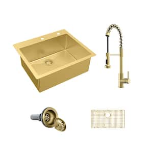 30 in. Drop-In Single Bowl 18-Gauge Gold Stainless Steel Kitchen Sink with Spring Neck Faucet