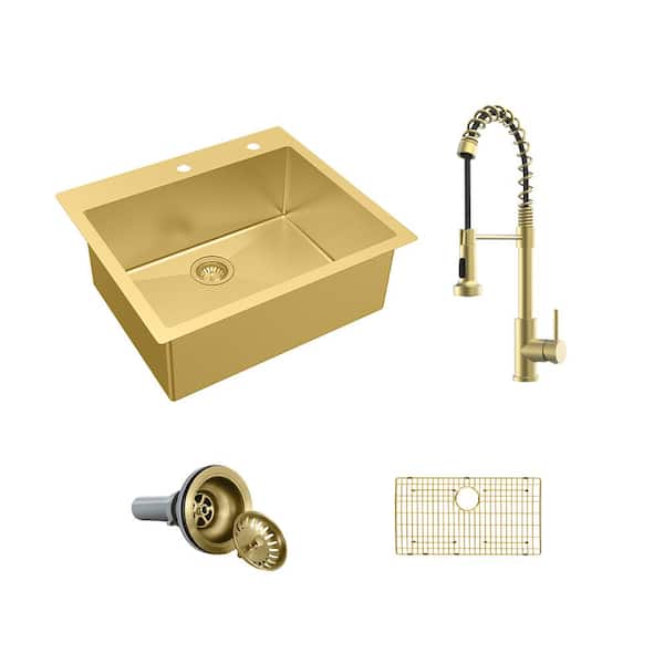 Glacier Bay 30 in. Drop-In Single Bowl 18-Gauge Gold Stainless Steel Kitchen Sink with Spring Neck Faucet