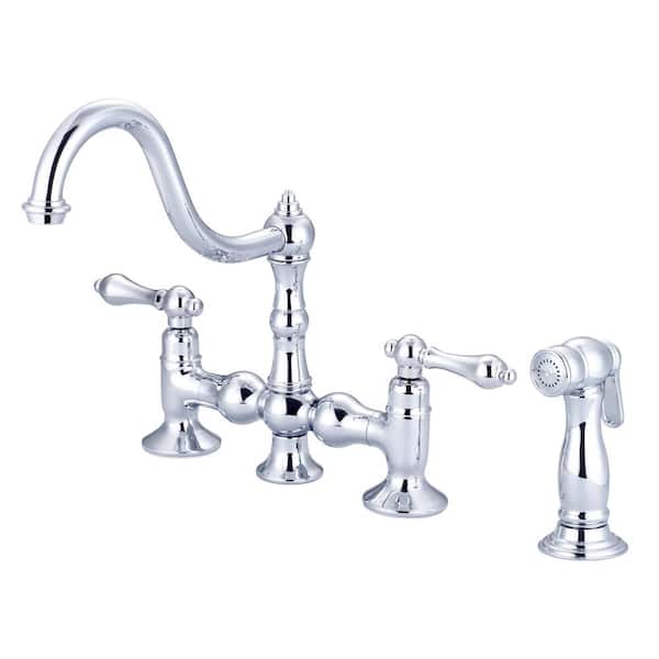 Water Creation 2-Handle Bridge Kitchen Faucet with Plastic Side Sprayer in Triple Plated Chrome