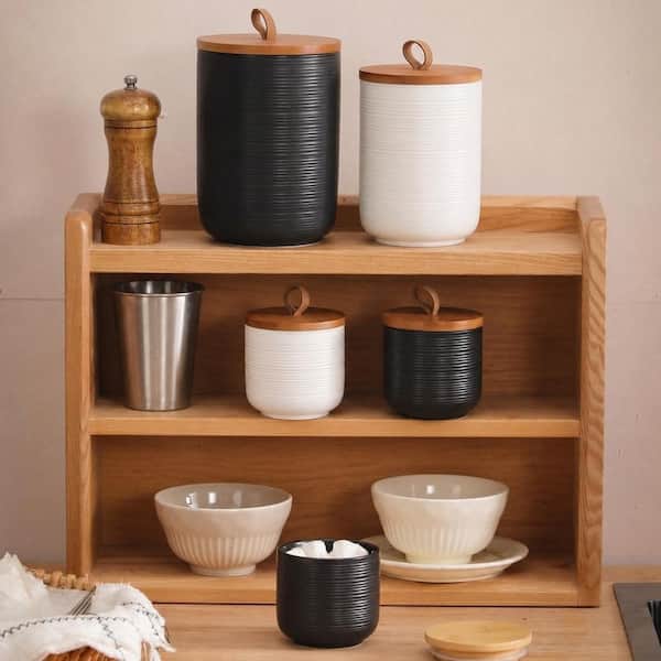 3-Piece Black Ceramic Material Food Storage Canister Set with Airtight Wooden Lid for Coffee Tea Sugar Spice Salt
