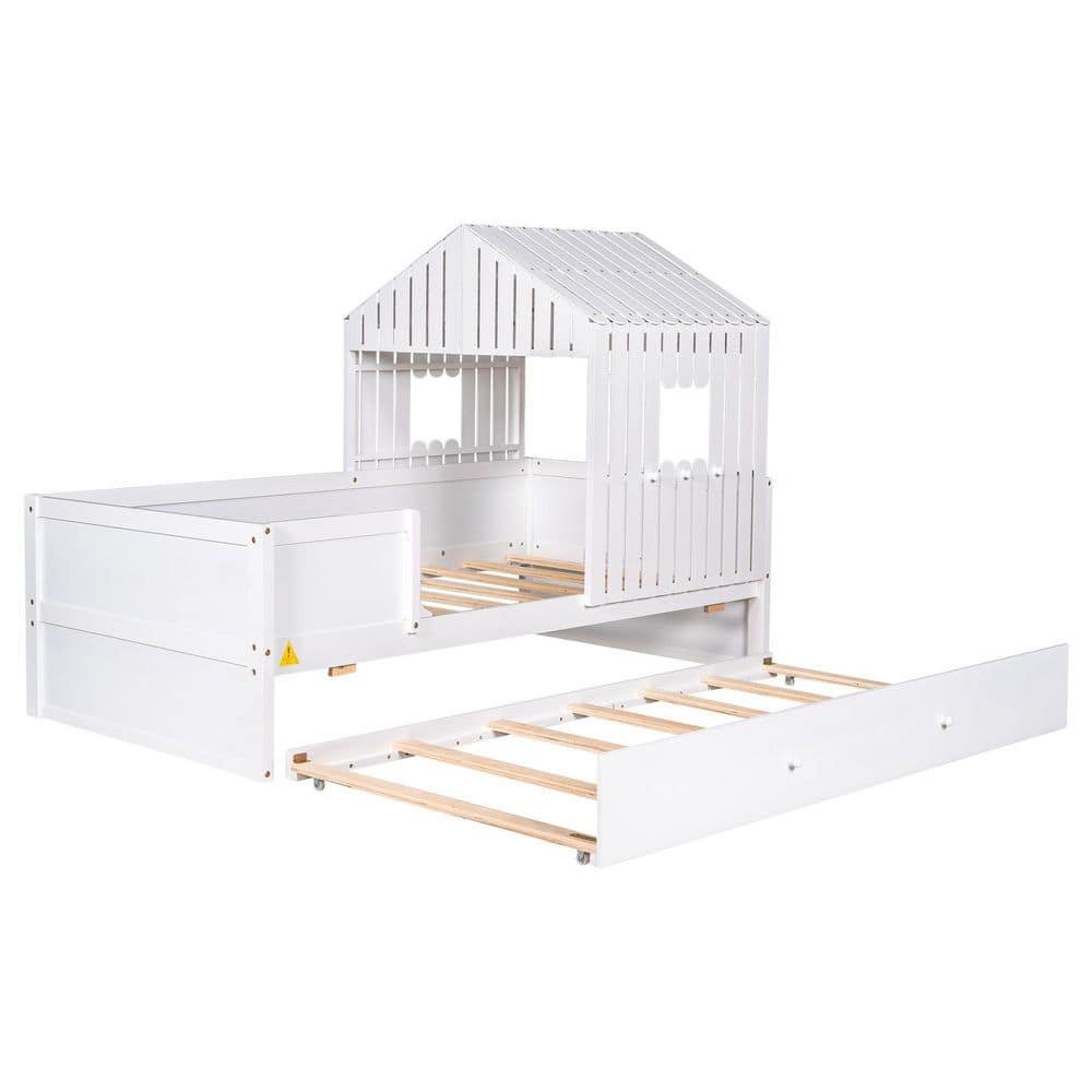 Angel Sar White Wood Twin Size House Low Loft Bed with Trundle AD000164 ...