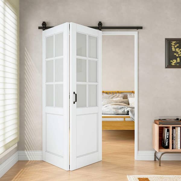 ARK DESIGN 60 in. x 80 in. 6-Lite Tempered Frosted Glass White Primed MDF Bifold Sliding Barn Door with Hardware Kit