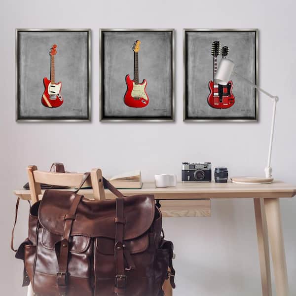 Red Guitars Collection by Mark Rogan 3 Piece Gray Floater Frame Music Graphic Art Print 31 in. x 25 in.