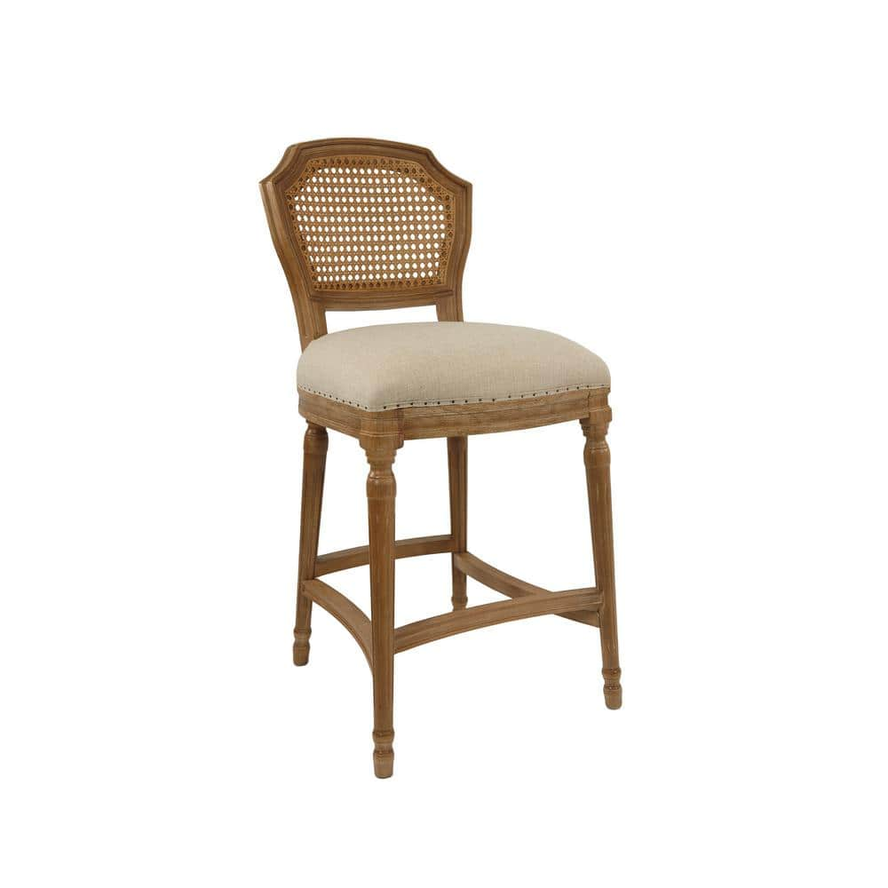 26" Burnham Home Designs Wilbrandt Counter Height Barstool Oak - Boraam: Linen Upholstered, Nailhead Trim, Carved Legs