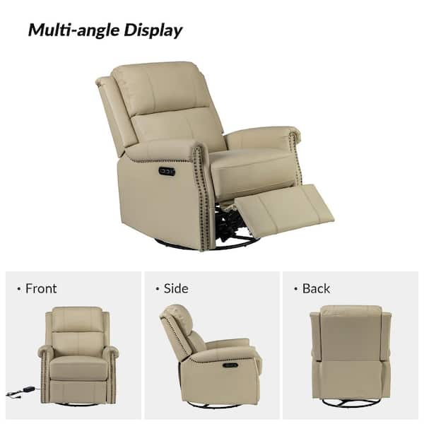 Jayden Creation Joseph Beige Genuine Leather Swivel Rocking Manual Recliner with Straight Tufted Back Cushion and Curved Mood Arms