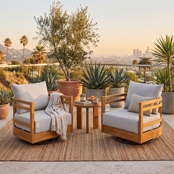 Blossom Teak Finish Swivel Solid Wood Patio Outdoor Lounge Chair with Gray Cushions, Set of 2