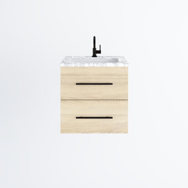VOLPA USA AMERICAN CRAFTED VANITIES Napa 24 W x 22 D x 21.75 H Single Sink Bathroom Vanity Wall Mounted in White Oak with Carrera Marble Countertop
