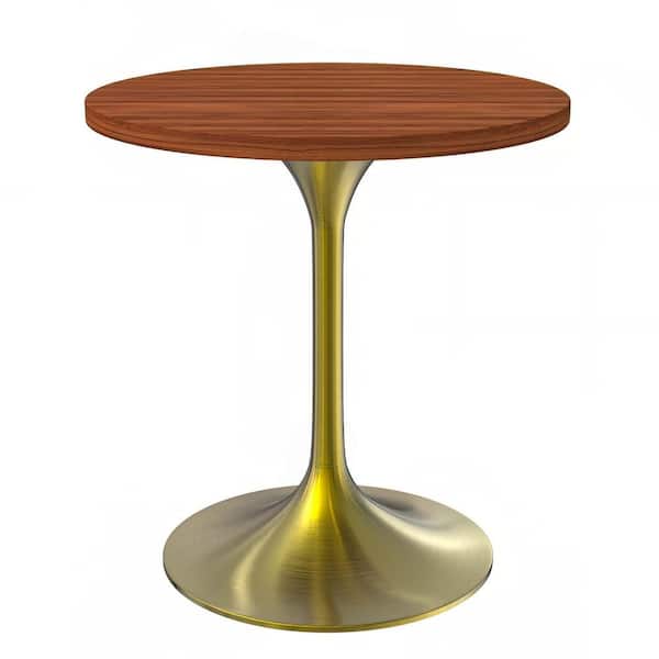 Leisuremod Verve Mid-Century Modern 27 in. Round Dining Table with MDF Top and Brushed Gold Pedestal Base, Cognac Brown