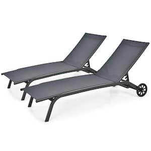 Set of 2 Outdoor Chaise Lounge Chair Adjustable Patio Recliner with Wheels Grey