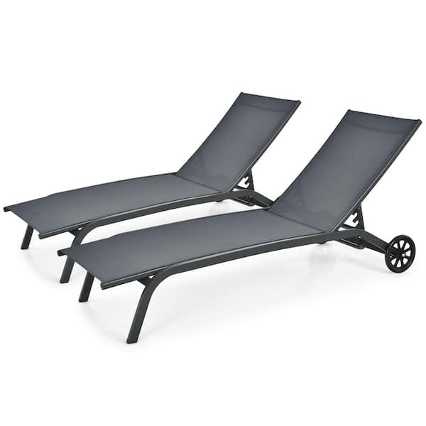 Gymax Set of 2 Outdoor Chaise Lounge Chair Adjustable Patio Recliner with Wheels Grey