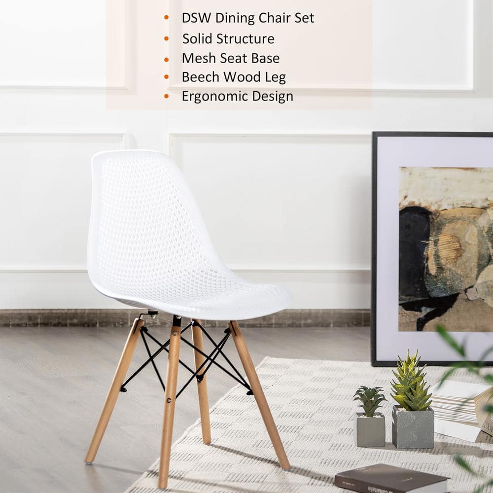 White Plastic Hollow Out Side Chair with Wood Legs, Set of 4