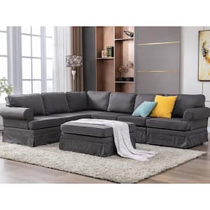 109.4 in. W Round Arm 4-Piece Linen Upholster U-Shape Modern Free Combination Sectional Sofa in Gray