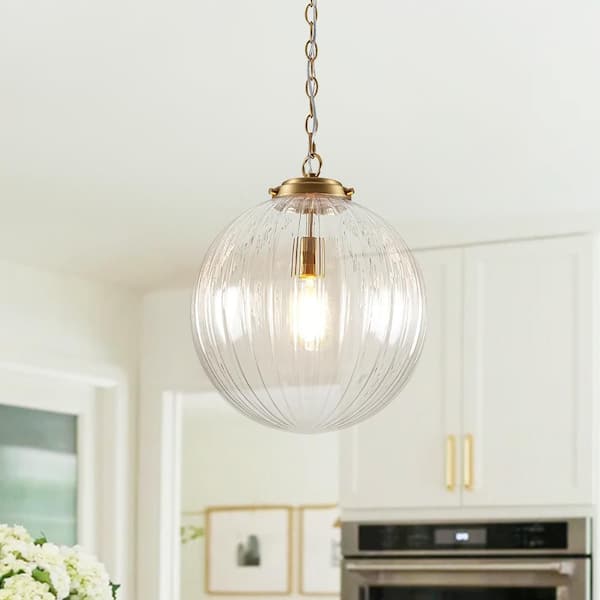 Aero Globe 1-Light Gold Moderne Pendant with Clear Ribbed Glass Shade