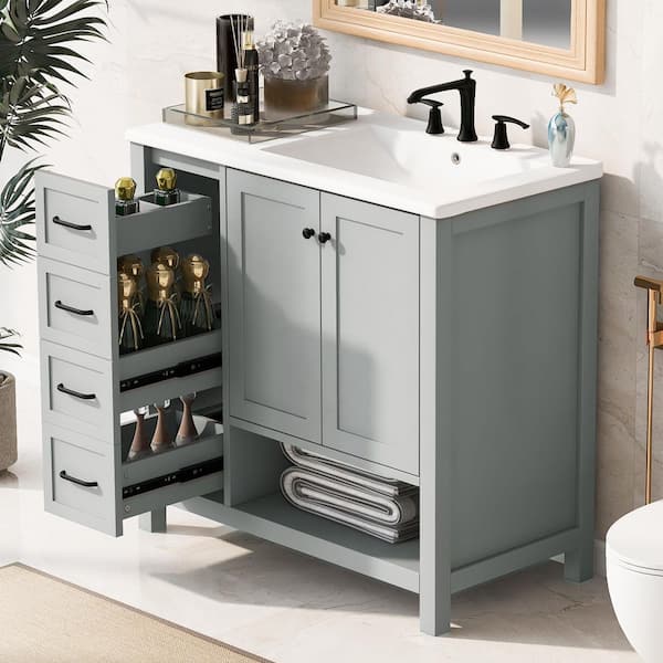 36 in. W x 18 in. D x 34 in. H Freestanding Bath Vanity in Grey with White Ceramic Top