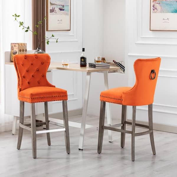 Harper 29 in. Orange Velvet Tufted Wingback Kitchen Counter Bar Stool with Solid Wood Frame in Antique Gray (Set of 2)