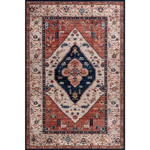 Tribal Medallion Spill Proof Washable Rust 9 ft. x 12 ft. Indoor Area Rug