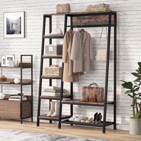 Industrial Hall Tree, Entryway Coat Rack with Shoe Storage Shelf and Hooks, Freestanding  Closet Organizer Clothes Rack, Closet Garments Shelf for Hallway,  Bedroom(Rustic Brown) – Built to Order, Made in USA, Custom