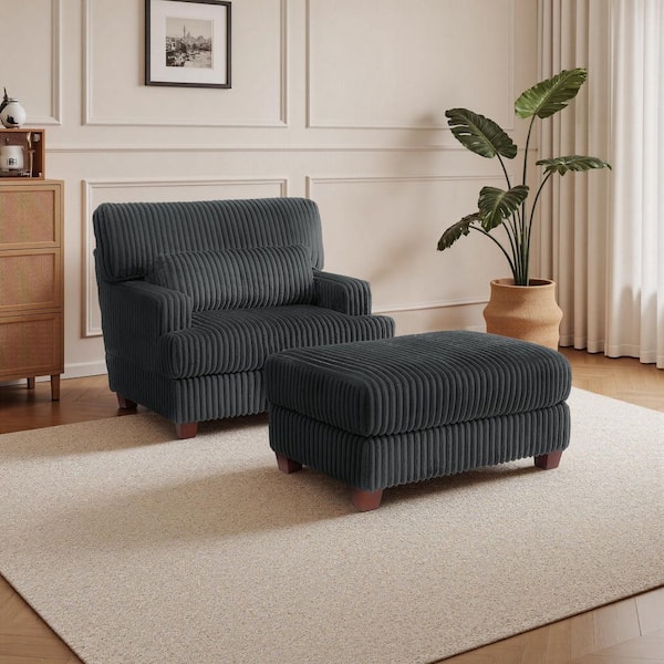 Modern Dark Gray Faux Rabbit Fur Polyester Fabric Upholstered Accent Arm Chair with Ottoman (Set of 1)