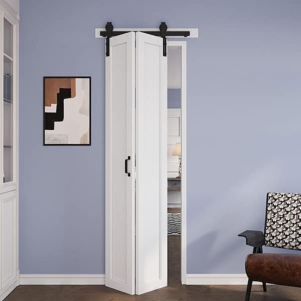 25 in. x 84 in. Assembled Bi-Fold 1 Panel White Primed DIY Available Solid Core MDF Sliding Barn Door with Hardware Kit