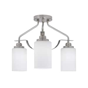 Zara 14.5 in. 3-Light Brushed Nickel Semi-Flush with 4 in. White Muslin. Glass Shades No Bulbs Included