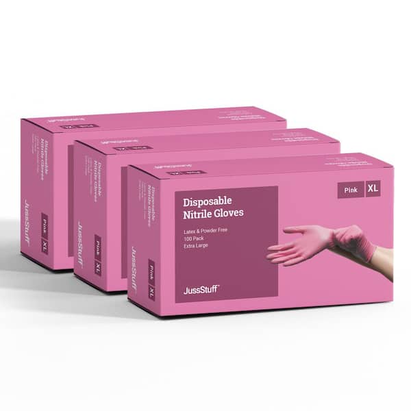 JussStuff Extra Large Nitrile Exam Latex Free and Powder Free Gloves in Pink - 3 Boxes of 100 Gloves (300 Total)